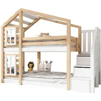 Xkiss Kinderbett Baumhaus 90 x 200 cm, Etagenbett für Kinder in Fensterbauweise mit Speicherung und Rausfallschutz, Natur & Weiß – 2x Lattenrost