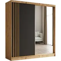 Masseno Schiebetürenschrank NELVIA 200 cm Kleiderschrank Schlafzimmer Schrank 2-türig mit Spiegel und Lamellen Eiche Artisan
