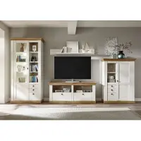 Lomadox Wohnwand LINARES-61 in Pinie weiß / Wotan Eiche Nb. mit Vitrinenschrank - B/H/T ca.: 386/204/52 cm