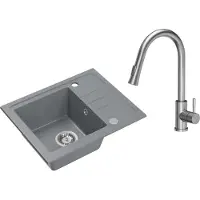 VBChome Spülbecken Granit Grau mit Armatur 55 x 44 cm Einzelbecken Einbauspüle Gesprenkelt Reversibel Granitspüle Siphon Waschbecken Armatur Inox
