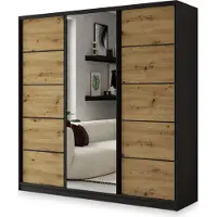 Masseno Schiebetürenschrank NATA 200/205/58 cm Kleiderschrank mit 4 Schubladen Schlafzimmer Schrank 3-türig mit Spiegel Schwarz / Eiche Artisan