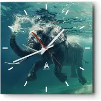 ARTTOR Wanduhr - Quadrat - Glasuhr - Elefant Tier Wasser - 40x40cm - Schleichendes Uhrwerk - Lautlos - zum Aufhängen bereit - Dekoration Modern - Wanddekoration aus Glas - C3AC40x40-3944