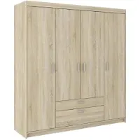 Beautysofa Drehtürenschrank ELENA 4D Eiche Sonoma mit mattsilber Griffe - Kleiderschrank 175 cm mit 2 Schubladen und glatten 4 Türen