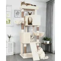 Markenlos Kratzbaum Beige XL Hoch 177cm mit 2 Großer Katzenhaus, Kratzrampe Sisal, Gepolsterte Plattform, 2 Weich Korb, Katzenbaum Stabil für Erwachsene Katze Ausruhen Spielen Kratzen (S69B, Beige)