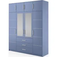 Bettso Drehtürenschrank Kleiderschrank mit 4 Türen und 3 Schubladen Spiegel Garderobenschrank Garderobe BALI II D4+ VERLÄNGERUNG Blau