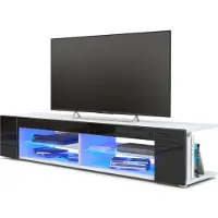 Vladon Lowboard Movie, TV-Kommode mit 4 offenen Fächern und Zierleisten, Weiß matt/Schwarz Hochglanz, inkl. LED-Beleuchtung blau (134 x 29 x 39 cm)