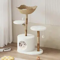 Markenlos Kratzbaum Holz, Natürlicher Kratzbaum aus Massivholz mit Wohnhöhle 73x44x109 cm, XXL Schlafplattform und Spielbällen Modernes Katzenmöbel im Boho-Design für anspruchsvolle Wohnkatzen