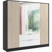 ALTDECOR Kleiderschrank NERA mit Spiegel und selbstschließenden Flügeltüren mit Lamel - 200 cm Schwarz / Weiß / Artisan