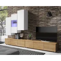 Ravio Wohnwand Amanda IX Oberschrank 300cm Wohnzimmer-Set Vitirne tv-Schränke viel Stauraum (Weiß matt + Weiß Hochglanz Fronten / Goldene Eiche)