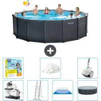 Intex runder Pool mit graphitgrauem Paneel – 478 x 124 cm – inklusive Pumpe – Leiter – Bodenplane – Abdeckung Wartungspaket - Filterbälle - Staubsauger