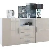Vladon Sideboard Skadu, Kommode mit 2 Türen, 3 Schubladen und 1 offenem Fach, Weiß matt/Sandgrau Hochglanz (138,5 x 71,5 x 35 cm)
