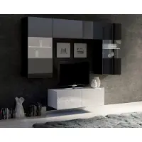 Ravio kompakte Wohnwand Amanda VI Oberschrank mit zwei Vitrinen und TV Schrank Wohnzimmer-Set (Schwarz matt + Schwarz Hochglanz Fronten / Weiß matt + Weiß Hochglanz Fronten)