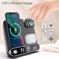 Exlene 15W Uhr mit kabelloser Ladefunktion Ohrhörer 3-in-1-Funktionen Uhr mit kabelloser LadefunktionWeckerTemperaturanzeige kabelloses Laden