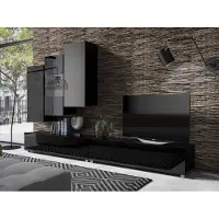EURO-MEBLE Wohnwand CALABRINI-17 Wohnzimmer-Set Hängewohnwand Schrankwand mit LED-Beleuchtung TV-Schrank Vitrine Moderne Anbauwand Hochglanz (Schwarz)