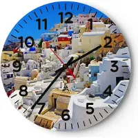 ARTTOR Wanduhr - Rund - Glasuhr - Griechenland insel tourismus santorini - 30x30cm - Schleichendes Uhrwerk - Lautlos - zum Aufhängen bereit - Dekoration Modern - Wanddekoration aus Glas - C4AR30x30-2651
