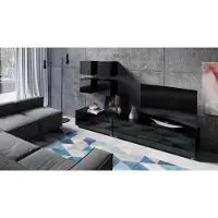 EURO-MEBLE Wohnwand CALABRINI-18 Wohnzimmer-Set Hängewohnwand Schrankwand Schrank TV-Schrank Moderne Anbauwand Hochglanz (Schwarz)