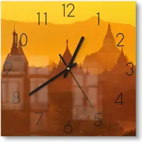 DEQORI Glasuhr 30x30 cm Zahlen 'Goldene Stupas' Wanduhr Glas Uhr Design leise Küchenuhr