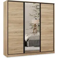 Masseno Schiebetürenschrank TARI 180/205/58 cm Kleiderschrank mit 4 Schubladen Schlafzimmer Schrank 3-türig mit Spiegel Sonoma Eiche