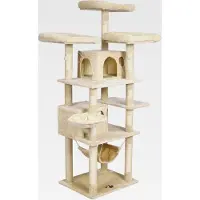Markenlos Kratzbaum Beige mit Pfotenmotiv 172 cm, Katzenkratzbaum mit Plattformen und Katzenhäuser, Katzenbaum mit Hängematte, Kletterbaum für Katzen