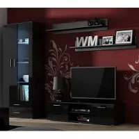 Furniture24 Wohnwand SOHO 11 mit Blauer LED Beleuchtung, Anbauwand, Wohnzimmerschrank, Schrankwand, Vitrine, Lowboard, Hängeregal Schwarz/Schwarz Hochglanz