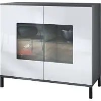 Vladon Kommode Grömitz V3, Moderner Küchenschrank mit 2 großen Glastüren Anthrazit matt / Weiß Hochglanz (92,5 x 83.5 x 35)