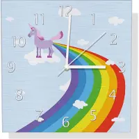 Wallario Design Wanduhr Einhorn mit Regenbogen aus dem Hintern aus Aluverbund, Größe 30 x 30 cm