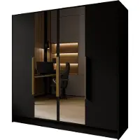 WFL GROUP Kleiderschrank mit Spiegel, Drehtüren mit Goldene Metallgriffe – 200 cm Breit Garderobenschrank mit viel Stauraum für Ankleide – Spiegelkleiderschrank im Scandi-Stil – Schwarz