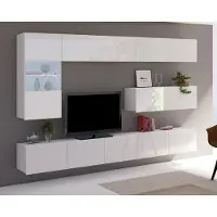 Ravio Wohnwand Amanda III Schrankwand mit Vitrine zwei tv-Schränke Oberschrank Gesamtbreite 255cm (Weiß matt + Weiß Hochglanz Fronten)