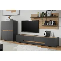 Furn.Design Wohnwand "Center" grau matt mit Wotan Eiche, Wohnzimmer Schrankwand 343 x 180 cm