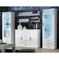 Furniture24 Wohnwand SOHO 3 mit Blauer LED Beleuchtung, Anbauwand, Wohnzimmerschrank, Schrankwand, Vitrine, Sideboard, Hängeregal Weiß/Weiß Hochglanz