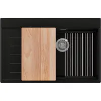 PrimaGran Spülbecken Schwarz Metallic 78x50cm, Granitspüle 1 Becken + Ablauf-Set + Küchenzubehörset, Küchenspüle ab 60er Unterschrank - Sydney