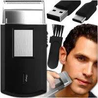 Memflow Herren Reise Rasierer Kabellos USB-C Mini Folienrasierer Schwarz Mit Ersatzkopf Reinigungsbuerste Ladekabel 10cm