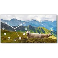 Tulup Wanduhr aus Glas – 60x30 cm - Glasbild - Glasuhr - Gehärtetes Glas - weisse-zeiger - Schafe in den Alpen