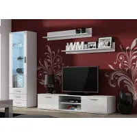 Furniture24 Wohnwand SOHO 1 mit Blauer LED Beleuchtung, Anbauwand, Wohnzimmerschrank, Schrankwand, Vitrine, Lowboard, Hängeregal Weiß/Weiß Hochglanz
