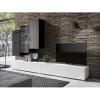 EURO-MEBLE Wohnwand CALABRINI-17 Wohnzimmer-Set Hängewohnwand Schrankwand mit LED-Beleuchtung TV-Schrank Vitrine Moderne Anbauwand Hochglanz (Schwarz + Weiß)
