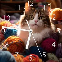Wallario Design Wanduhr Katze in einem Berg von Wollknäuel aus Echtglas, Größe 20 x 20 cm