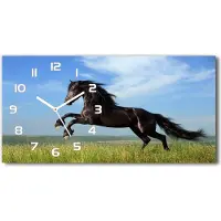 Tulup Wanduhr aus Glas – 60x30 cm - Glasbild - Glasuhr - Gehärtetes Glas - weisse-zeiger - Schwarzes Pferd auf der Wiese
