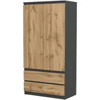 VBChome Kleiderschrank 90x50x180 cm 2 Türen 2 Schubladen 4 Einlegeböden Kleiderstange Anthrazit Eiche Wotan
