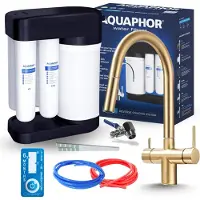 ARI Wasserfilter Set Morion mit 3-Wege Küchenarmatur, Umkehrosmose, Wasserfilter-Anschluss, 360° schwenkbar, Gold
