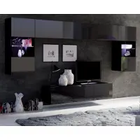 Ravio Wohnwand Amanda II Oberschrank Schrankwand mit zwei Vitrinen 150 cm breite TV Schrank Wohnzimmer-Set (Schwarz matt + Schwarz Hochglanz Fronten)