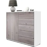 Vladon Sideboard Ben V2, Germany, Kommode mit 1 Tür und 5 Schubladen, Weiß matt/Eiche Nordic (79 x 74 x 36 cm)