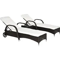 Welikera 3er-Sonnenliegen-Set, 2x Gartenliege mit Beistelltisch, inkl. Liegeauflagen, Polyrattan, Braun+Cremeweiß