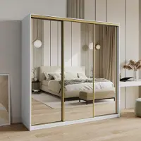 Masseno Schiebetürenschrank RIEN 200/205/60 cm Kleiderschrank mit Schubladen Schlafzimmer Schrank 3-türig mit Spiegel Weiß + Gold
