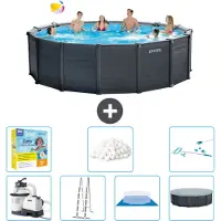 Intex runder Pool mit graphitgrauem Paneel – 478 x 124 cm – inklusive Pumpe – Leiter – Bodenplane – Abdeckung Wartungspaket - Filterbälle - Reinigungskit