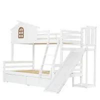 XTEILC Etagenbett mit charakteristischen Fenstern und vierstufiger Kipptreppe,Kinder und Mutterbett mit Rutsche,mit zwei Schubladen,Bettrahmen aus Massivholz