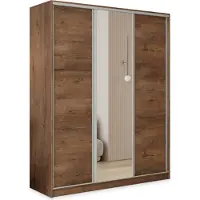 Masseno Schiebetürenschrank TARI 160/205/58 cm Kleiderschrank mit 4 Schubladen Schlafzimmer Schrank 3-türig mit Spiegel Eiche Lefkas