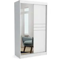 Brent Kleiderschrank TOM II 120 WHITE, 120x60x215 cm – Schiebetüren mit Spiegel, Kleiderstange & Regalböden, Garderobenschrank, Moderner Kleiderschrank