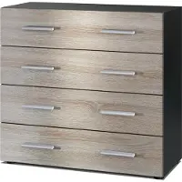 Vladon Sideboard Pavos, Kommode mit 4 Schubladen, Schwarz matt/Eiche sägerau (76 x 72 x 35 cm)