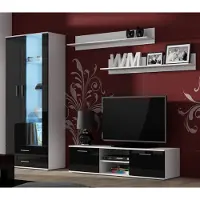 Furniture24 Wohnwand SOHO 10 mit Blauer LED Beleuchtung, Anbauwand, Wohnzimmerschrank, Schrankwand, Vitrine, Lowboard, Hängeregal Weiß/Schwarz Hochglanz
