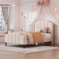Xdovet Kinderbett Polsterbett 90 x 200 cm Bettrahmen mit Kopfteil, Fußteil und Lattenrost Beige Samt gepolstertes Doppelbett Jugendbett
